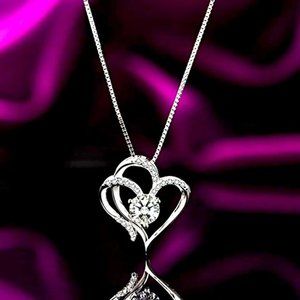 New Gorgeous 14k White Gold Over Silver  Diamond Double Heart Necklace